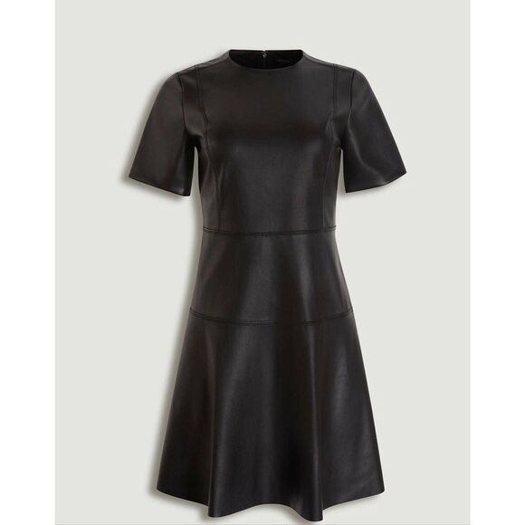 Black Ann Taylor Faux Leather Fit-and-Flare Short Sleeve Dress (NWT) - Picture 2 of 4